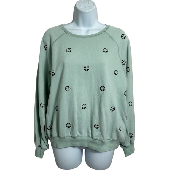 Elodie Mint Green Smiley Face Sweatshirt Sz M Embroidered Pullover Long-Sleeve - Picture 2 of 5